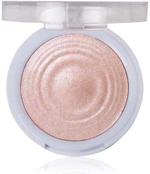 Ett runt beige glänsande makeupprodukt i ett vitt meddelande med genomskinligt lock.