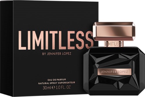 En parfymeflaske og boks merket 'LIMITLESS' av Jennifer Lopez, med svarte og rosa gullfarger, og et geometrisk design.