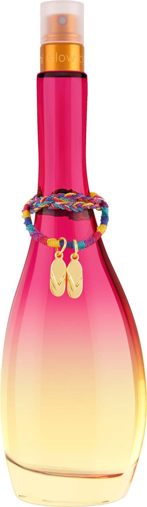 En rosa og gul gradient parfollflaske med et farverigt armbånd og små gule øreringe hængende omkring halsen.