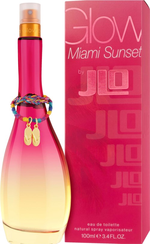 En parfkelignende flaske med pink og gul gradient ved siden af rosa emballage med teksten Miami Sunset af JLo.