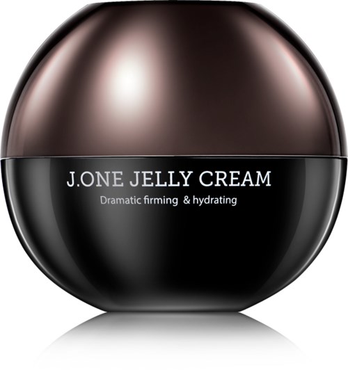 En rund burk med glänsande, mörk topp och botten, märkt 'J.ONE JELLY CREAM' för fastare och återfuktad hud.