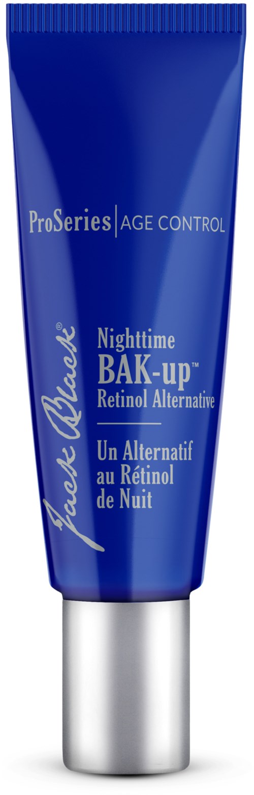 En blå tub med nattkräm med silverhätta, märkt 'ProSeries Age Control, Nighttime BAK-up, Retinol Alternative.'