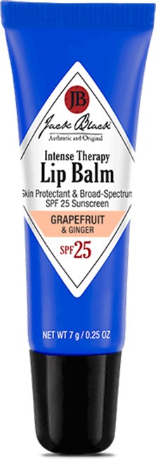 Blå tub med Jack Black läppbalsam med grapefrukt och ingefärasmak, SPF 25 skydd, 7 gram innehåll.