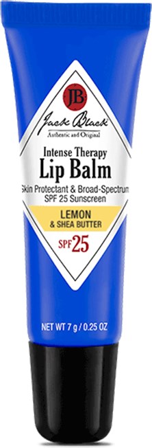 Blå tub med Jack Black läppbalsam med citron och sheasmör, SPF 25, 7g.