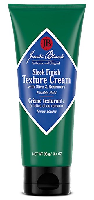 Grön tub med en etikett som visar Jack Black, Sleek Finish Texture Cream, med oliv och rosmarin, och 96 gram.