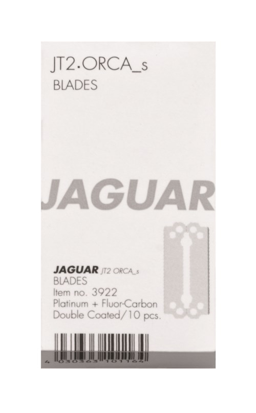 Etikett mit Text über Jaguar-Schermblätter, inklusive Artikelnummer, Material und Menge, mit Barcode am Boden.