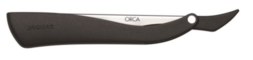 En svart rakkniv med en böjd blad, märkt 'ORCA' och 'JAGUAR', med svart handtag och silverblad.