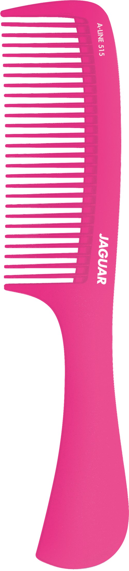 En rosa plastkam med handtag, märkt 'JAGUAR', har fina tänder och en böjd form.