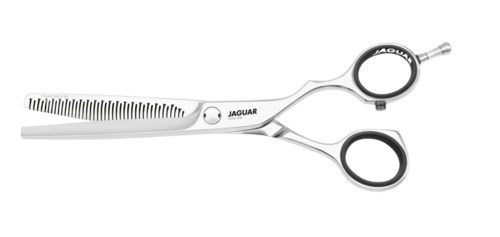 A surgical scissors with jagged edges, silver color, and black handles, labeled 'Jaguar' on the side.