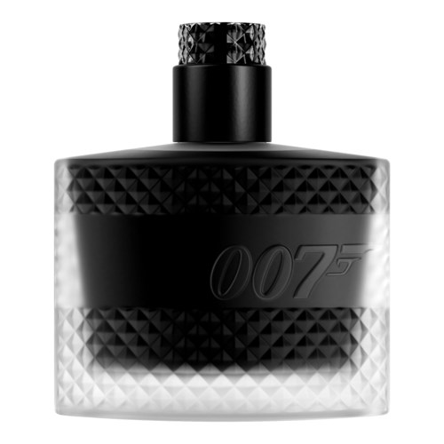 En svart flaska med ett texturerat mönster och James Bond 007-logotyp på.