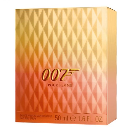 En parfymförpackning med guld- och rosa geometrisk design och '007 Pour Femme' tryckt på den.