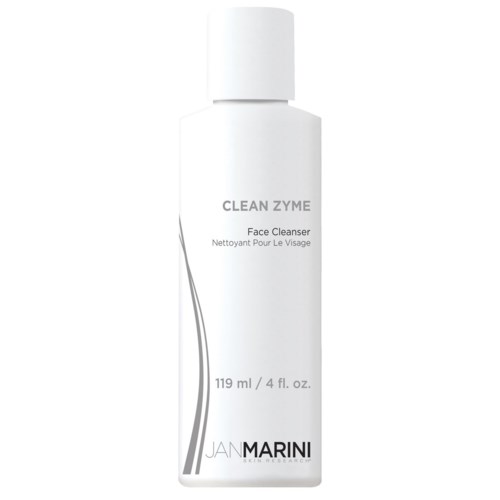 En vit flaska med ansiktsrengöring märkt 'Clean Zyme' med 119 ml kapacitet och märket 'Jan Marini'.