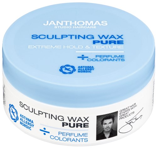 Et blått hårvoksbeholder merket 'Sculpting Wax Pure' som lover hold, tekstur, med duft og fargestoffer.
