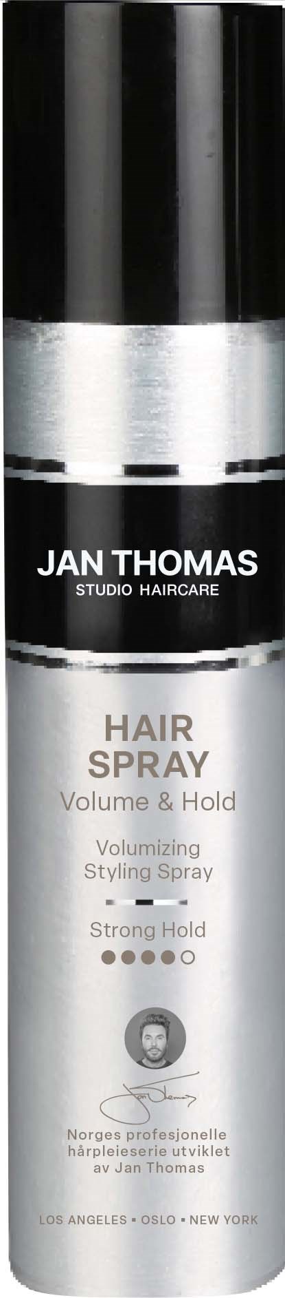En sølv og svart sprayboks merket Jan Thomas hårspray for volum og hold.