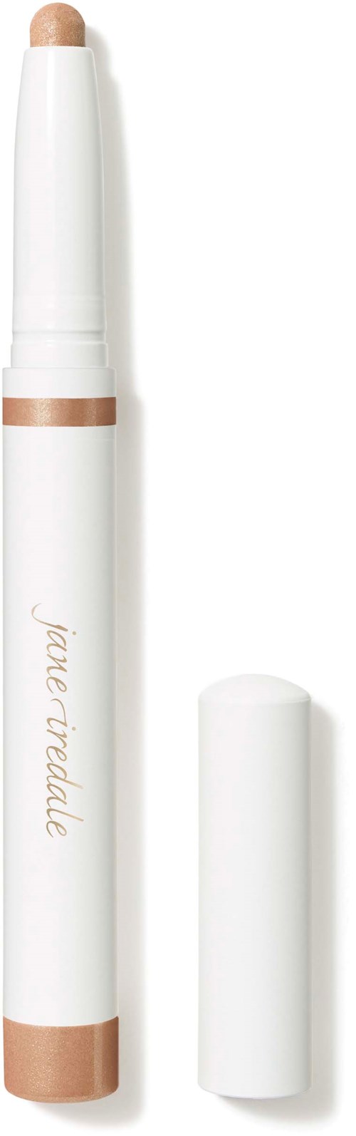 A white pen with beige accents and the words 'june trade' written on it, with the cap removed and placed beside.