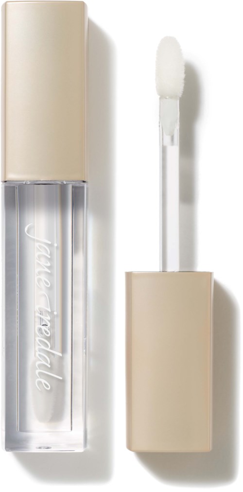 Clear lip gloss with a white sponge applicator and beige cap, shown from above.