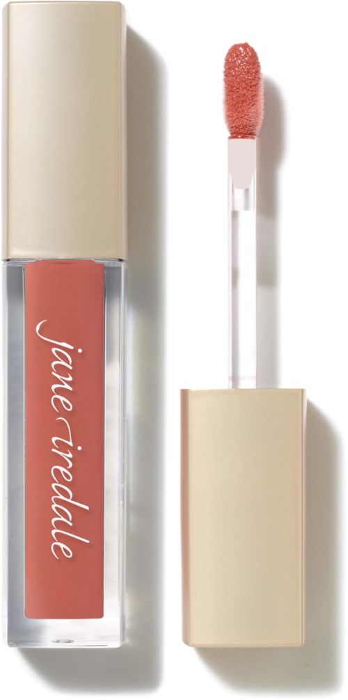 Lip gloss with a beige cap and a pinkish tint, with the words "jane iredale" on the tube.