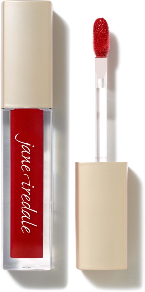 Red liquid lipstick with a beige cap and a matching beige box. The lipstick has a doe-foot applicator. Jane Iredale is written on the tube.