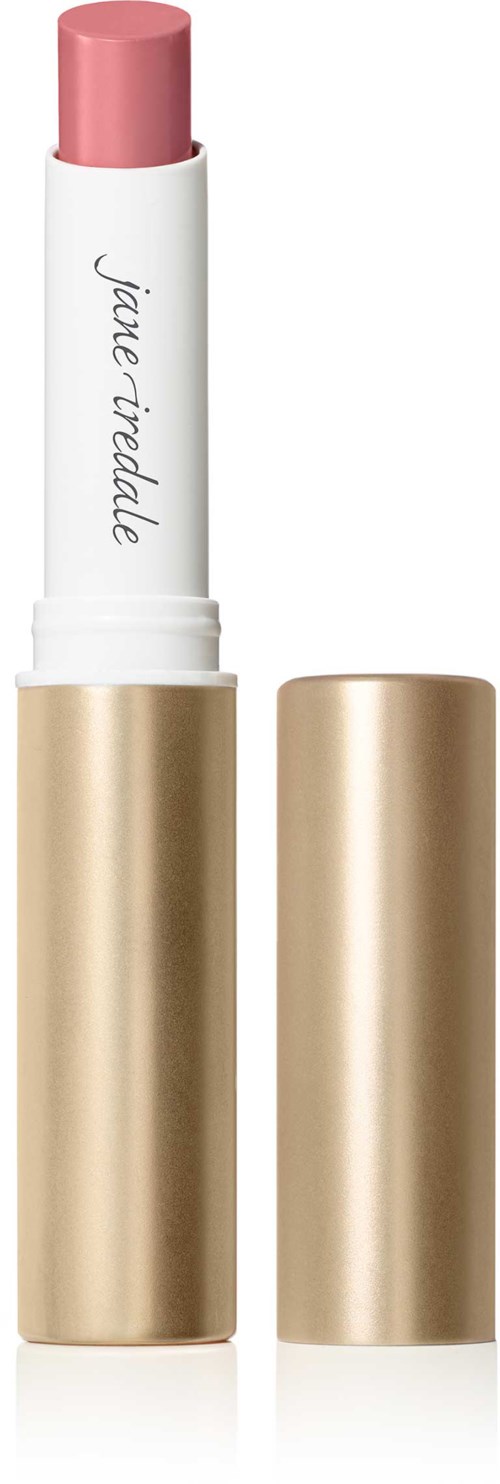 A lipstick with a pink shade and a white and gold casing. The cap is removed, showing the lipstick. The brand name is on it.