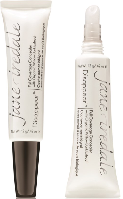 To hudplejetuber mærket 'disappear' til fuld dække concealer eller foundation, en opretstående og en vippet.