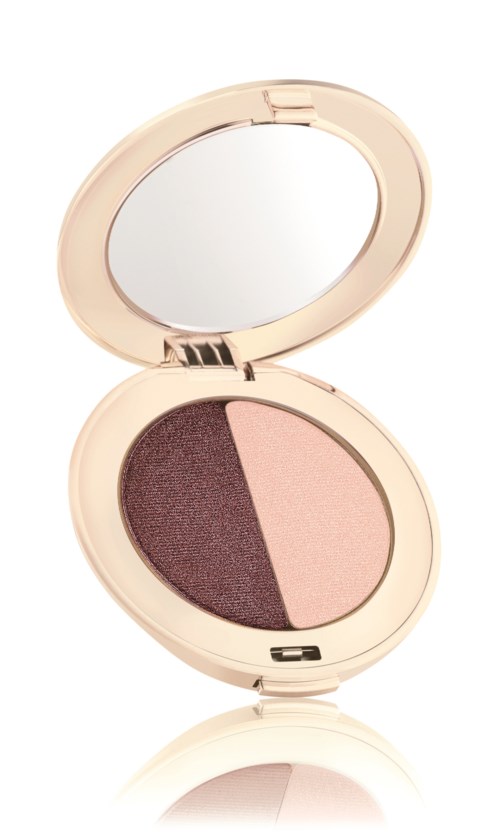 En kompakt rund makeup-ask med spegel, med mörkbrun och ljusrosa pudersektioner.