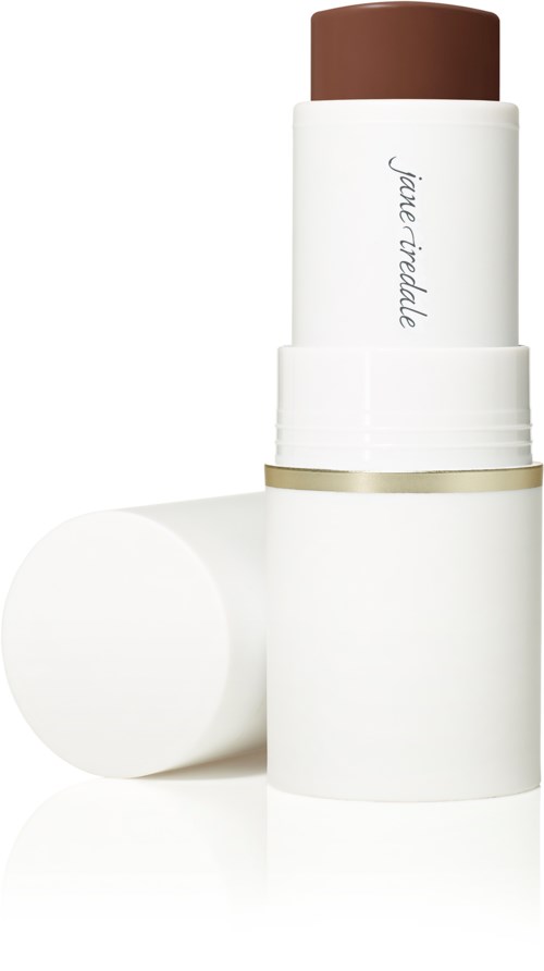 Valkoinen pyöreä säiliö, jossa beige- ja valkotteja ja ruskea yläosa, merkitty 'jane iredale'.