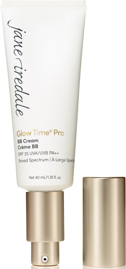 En tub med Jane Iredalle Glow Time Pro BB-kräm med guldlock och ett separat lock nära.