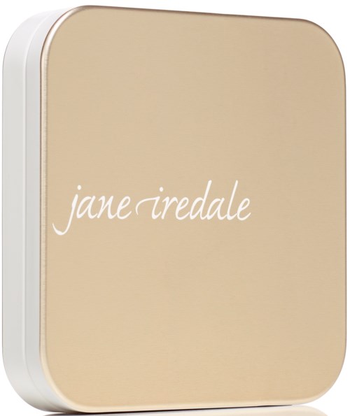 En beige kompakt med namnet 'Jane Iredale' skrivet i vitt, kursiv stil på omslaget.