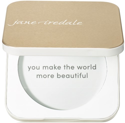 En vit kompakt med beige lock som säger 'Jane Iredale'. Inuti finns en spegel med ett positivt meddelande: 'You make the world more beautiful'.