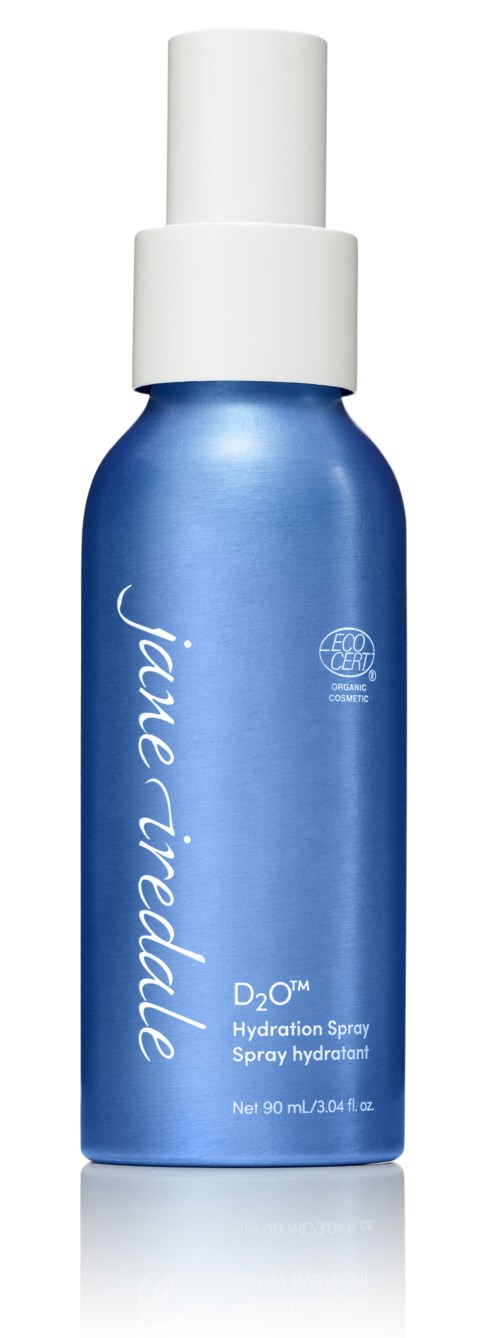Blå sprayflaska med vit lock och text, märks för hydreringsspray av Jane Iredale.