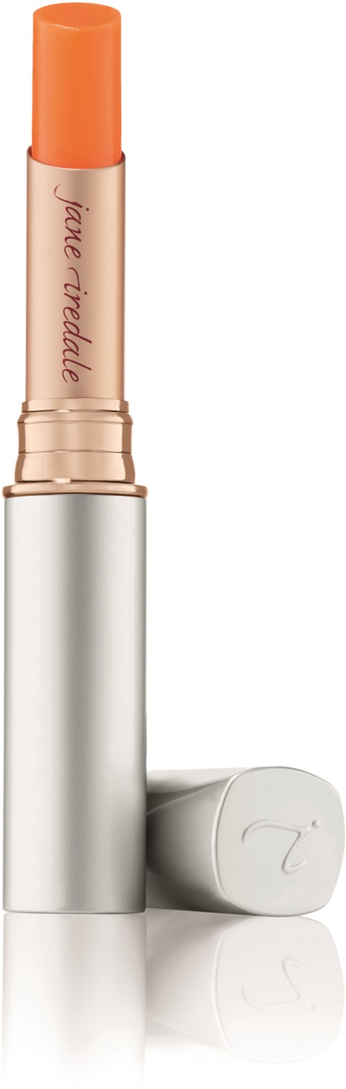 A lip balm stick with an orange cap and a white and silver tube. The brand name is written on it.