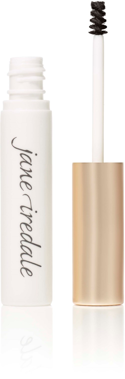 A white tube with a gold cap and black writing, with a wand on top showing a dark brown eyeshadow.
