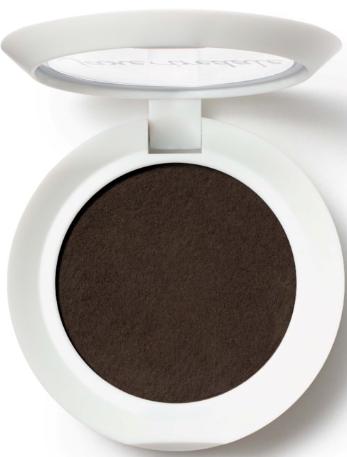 A round white container with a dark brown powder inside, and a lid that flips open.