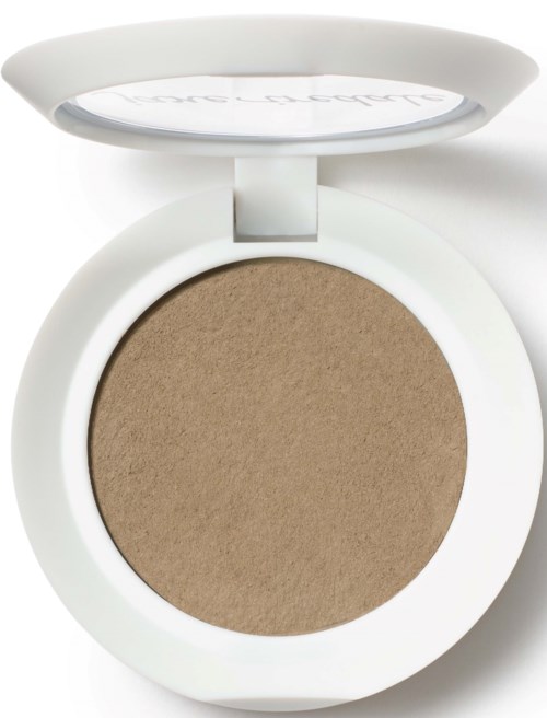 Vit kompakt med rund, beige puder inuti och en spegel på locket.