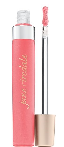 Ett rosa läppglans med silverlock och en applicator med pensel. Penseln har rosa gloss på sig.