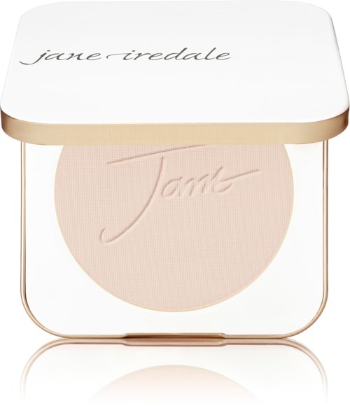 En liten make-up- eller puderbehållare med rosa puder och vit lock med texten 'jane iredale'.