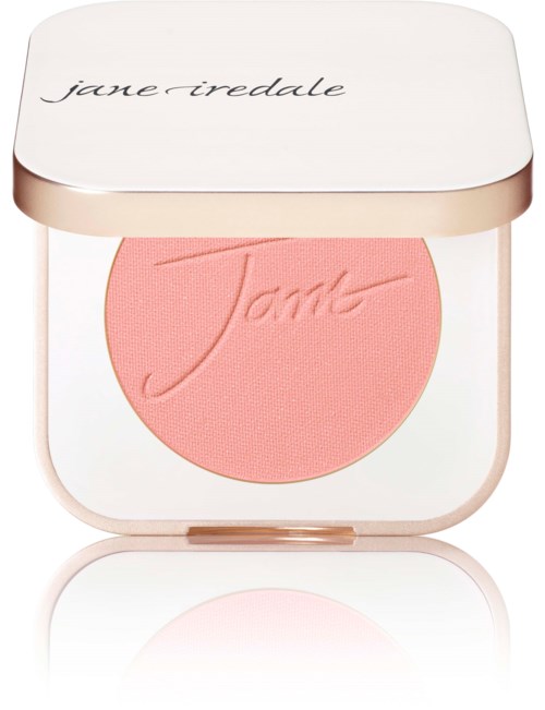 Ein rosafarbener Rouge inklusive Schutzdeckel mit "Jane Iredale" Schriftzug und eingedrückt auf dem Puder.