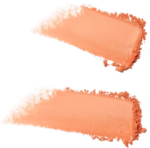 Two peach-colored makeup brushes with powder on their bristles, placed diagonally. They are used for applying blush or bronzer.