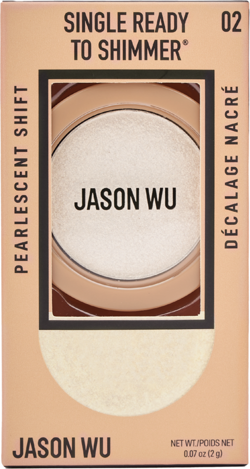 Ein Make-up-Produktpaket mit weißem Lidschatten, schwarzem Text, Markenname Jason Wu und einigen Beschreibungen.
