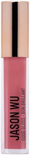 Een roze lipgloss-buis met een goudkleurige dop en zwarte accent, gelabeld 'JASON WU GOOD GLOS BON BRILLANT' en een zwarte achtergrond.