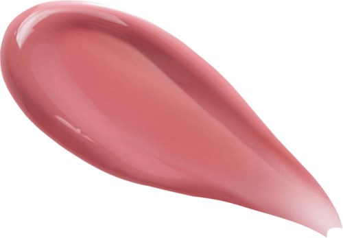 Een roze, glanzend cosmeticaproduct, mogelijk lipgloss of nagellak, in een tranenvorm op een witte achtergrond.
