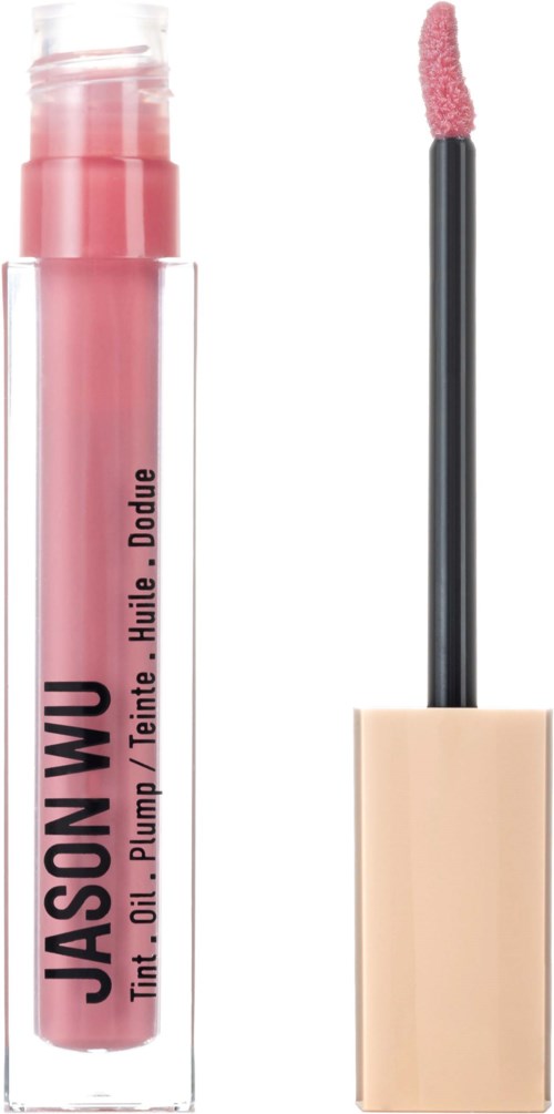 En rosa läppglansrör med svart text och applikatorstaven med rosa gloss.