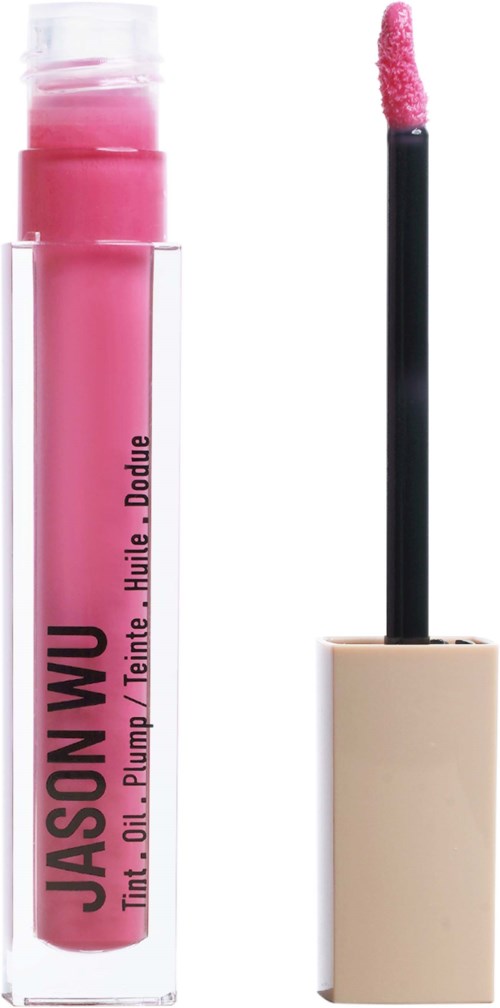 En rosa läppglansrör med en applikator, märkt "Jason Wu" och "Tint Oil. Plump. Hue. Double.".