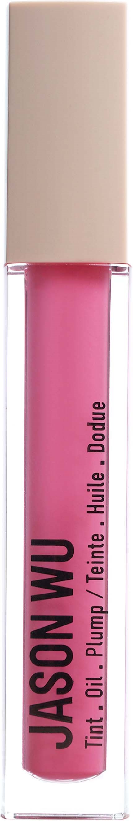 En rosa läppglansrör med beige kork och svart text, märkt "JASON WU" och "Tint Oil / Teinte Huile Double."