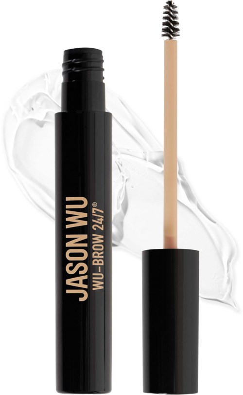 Musta huultu- ja kulmatuubi, jossa harja ja teksti 'JASON WU-BROW 24/7', taustalla valkoinen kerma.