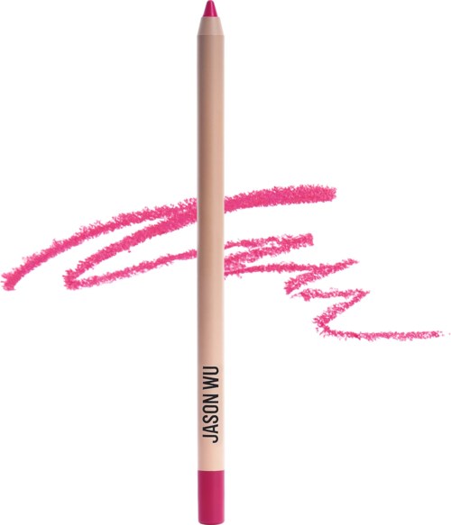 Een roze liplinerpotlood met een roze punt en de naam "Jason Wu" erop; het tekent roze lijnen.