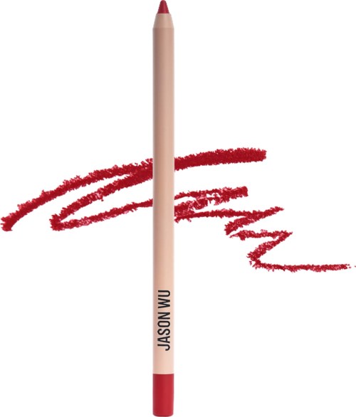 Een rode lipliner met een rode punt die rode lijnen tekent op een witte achtergrond. De potlood heeft "JASON WU" erop geschreven.