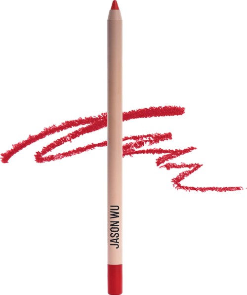 Een beige-rood liplinerpotlood dat rode lijnen en krullen tekent op een witte achtergrond.