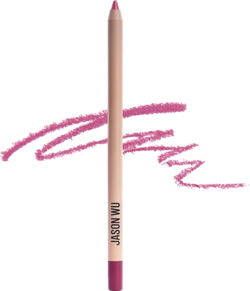 Een roze make-uppotlood met een roze punt en de naam 'Jason Wu' erop, die roze lijnen trekt.