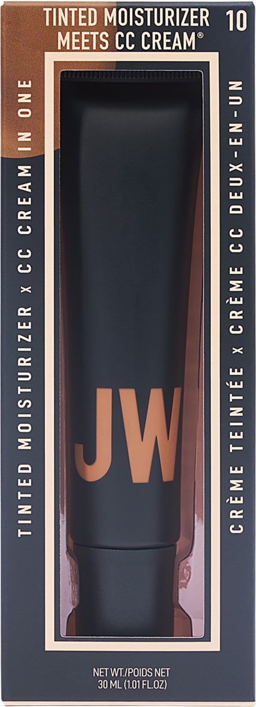 En eske med JW-tinted fuktighetskrem. Den har en svart hette og et klart vindu som viser produktet.